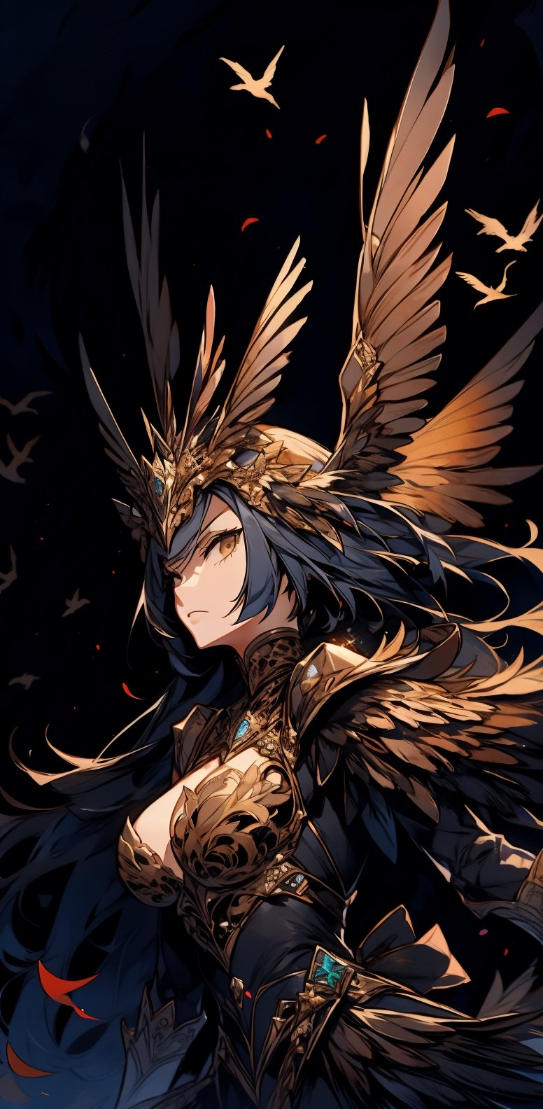 1girl, fierce look,raven head gear, intricate, black armor and feather dress, bird wings, midium breast, body, dynamic action pose, looking_at_the_viewer ,glittering flowers, complex background,weapon,1 girl,SAM YANG,High detailed ,seek,Pixel art,portrait,illustration,fcloseup,nodf_lora