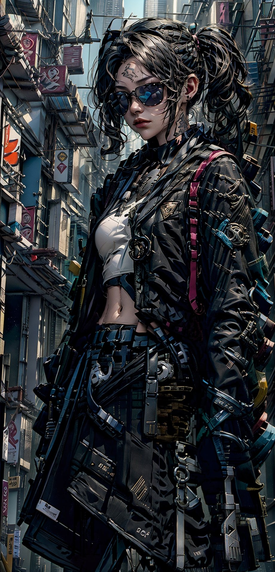 vector art, (((dreamy))), 1girl, cropped tank_top, cap, pony tail hair, sun glasses, cargo jacket, cargo pants, tattoo, cyberpunk, medium_breast, hour glass body, high_res, best quality,city side walk background, high detail,High detailed ,free style,urban techwear,weapon,JK_style