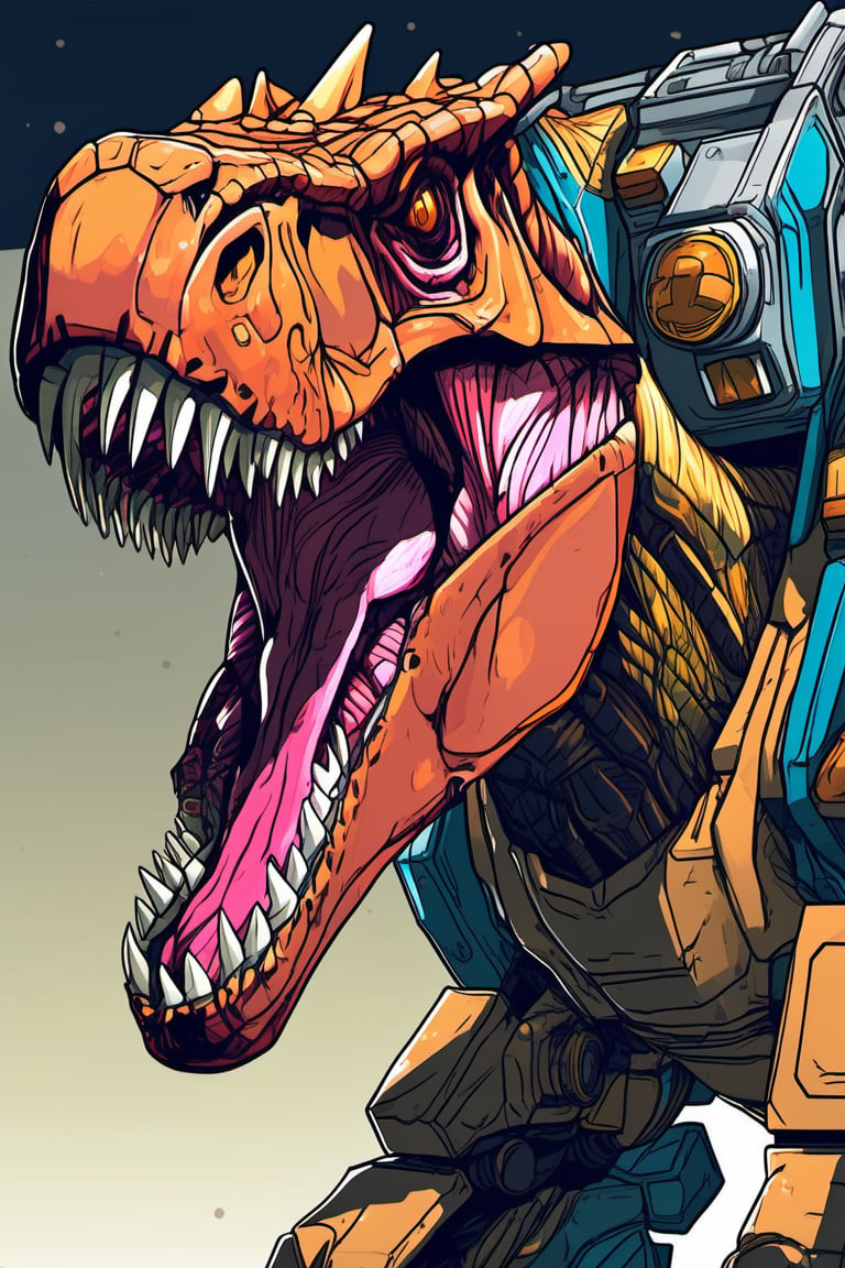 t-rex, mouth_open, mecha, vector art, vector line art, vibrant colours, anime style