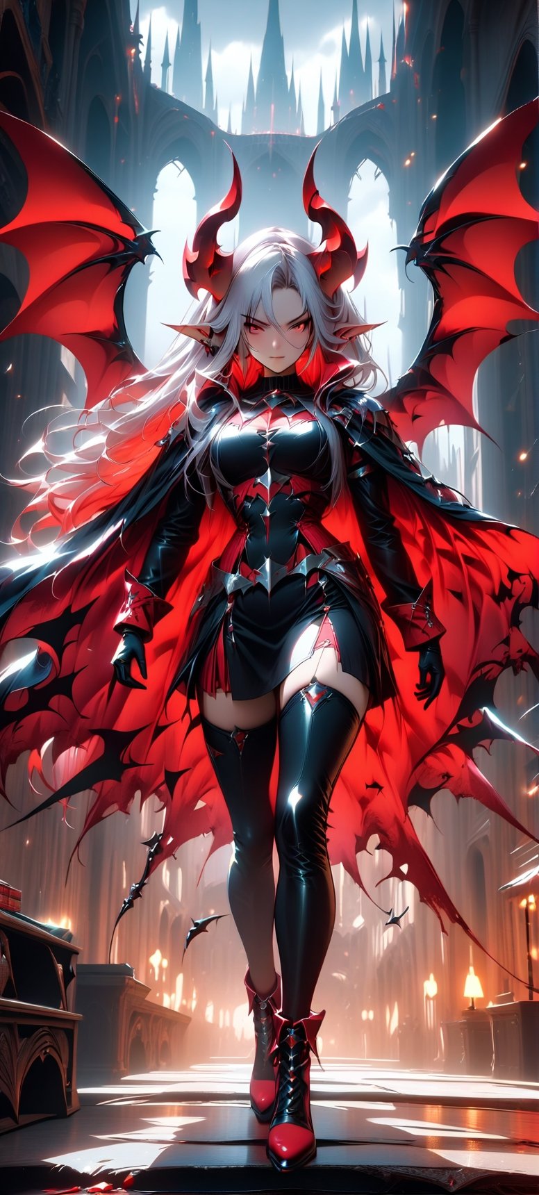 1 female, long ears, Horns, Blood red pupils,Large Bat wings, Noble clothes and cape,floating,feet level view,extremely Detailed cg, masterpiece,best quality, High resolution, LegendDarkFantasy, Dynamic pose,DonMB4nsh33XL 