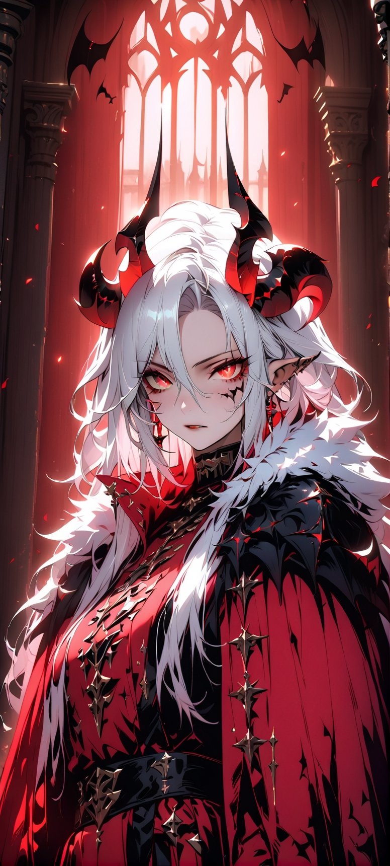 1 male, Horns, Blood red pupils,Large Bat wings, Noble clothes and cape, extremely Detailed cg, masterpiece,best quality, High resolution, LegendDarkFantasy, white mist