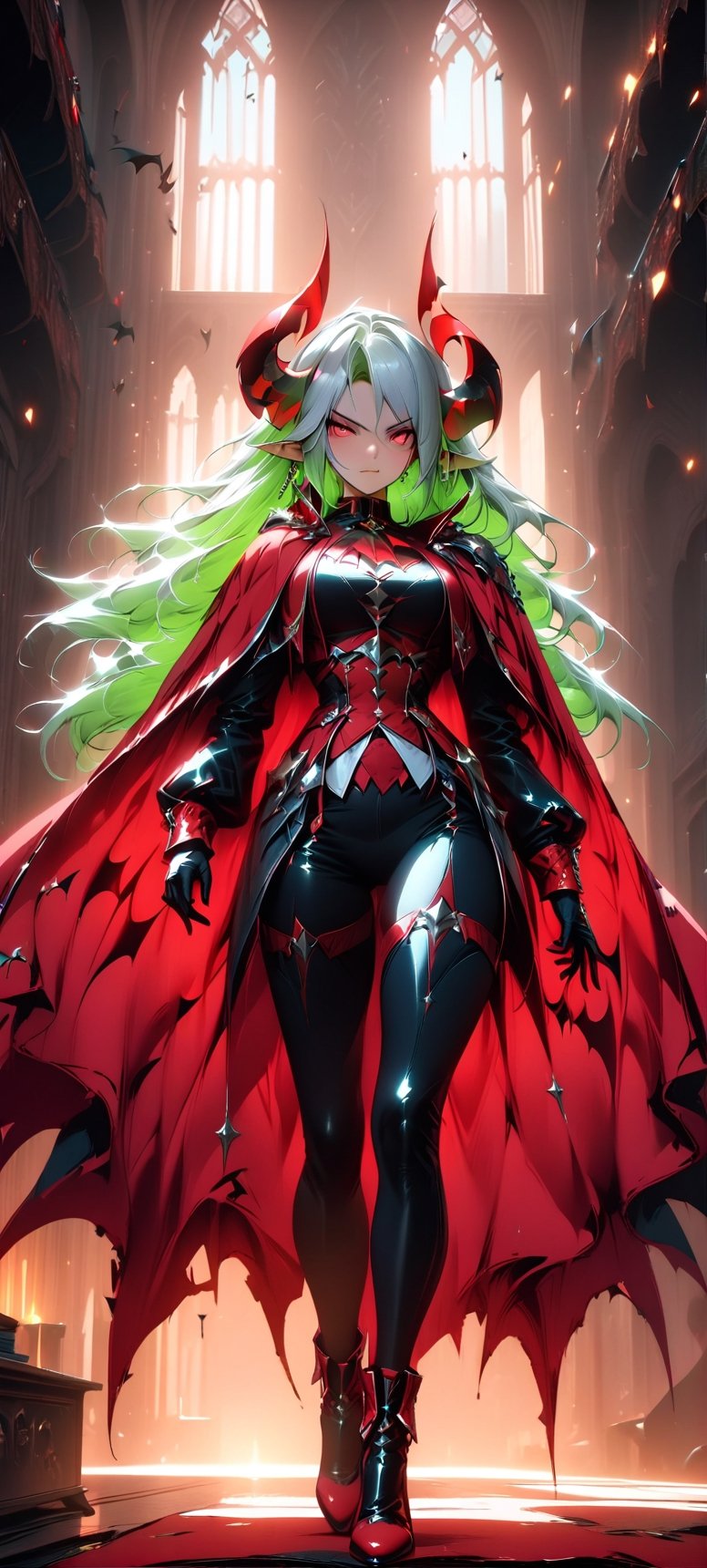 1 female, long ears, Horns, Blood red pupils,Large Bat wings, Noble clothes and cape,floating,bottom view,extremely Detailed cg, masterpiece,best quality, High resolution, LegendDarkFantasy, Dynamic pose, fullbody,DonMB4nsh33XL 