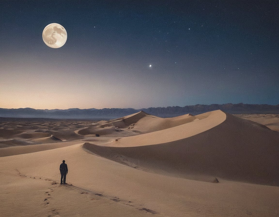 A serene desert landscape at dusk, with endless sand dunes stretching out before us, illuminated by the soft glow of the moon. The stars twinkle like diamonds scattered across the velvety blackness above, as the gentle wind whispers secrets to the towering dune formations. In the distance, a lone figure stands atop a sandy ridge, silhouetted against the celestial canvas, their presence a poignant reminder of the beauty and solitude of this timeless desert world.