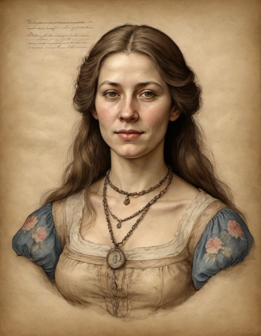 portrait on parchment of a swiss woman with a simple necklace and floral blouse and long hair hanging down