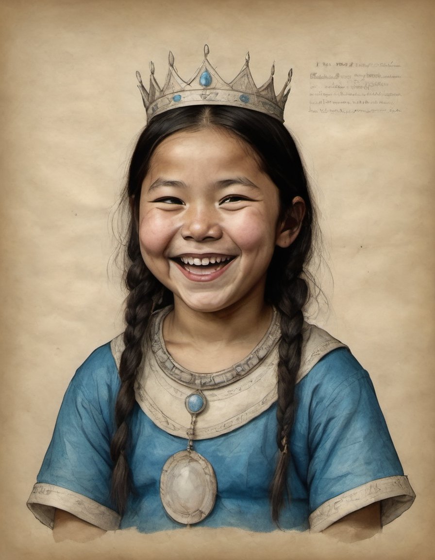 portrait on parchment of a young inuit girl wearing a tiara and giggling