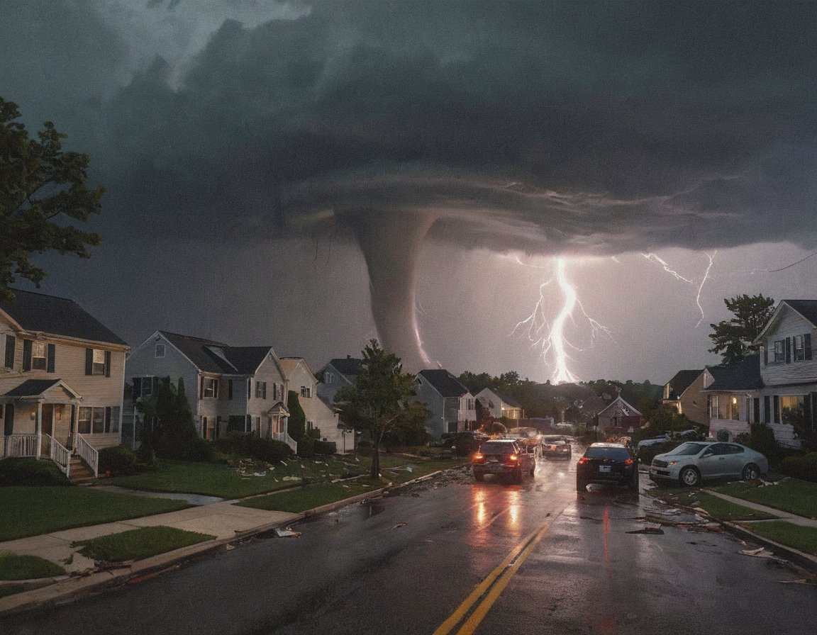 A stormy shot: A twisting tornado tears through a Massachusetts suburban neighborhood, captured in a dramatic journalistic frame. Debris litters the streets as chaotic winds whip through, threatening to upend anything that's not anchored down. Amidst the turmoil, lightning illuminates the darkened sky, casting an eerie glow on the destruction below.