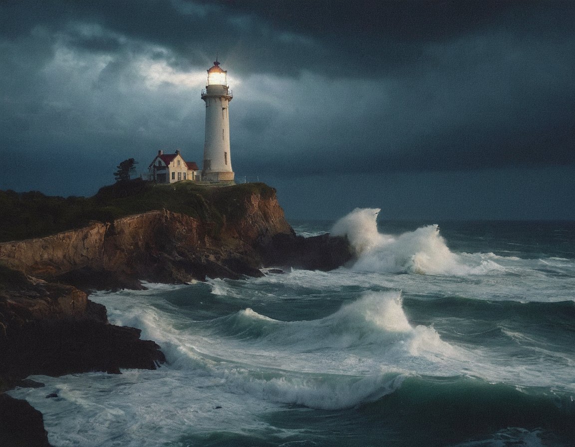 A lone lighthouse stands steadfast amidst turbulent seas and ominous skies, its towering presence illuminated by the soft glow of twilight. Waves crash violently against the rocky shore, while dark clouds swirl overhead, casting an eerie atmosphere. The lighthouse's beam cuts through the gloom, a beacon of hope in the midst of turmoil.