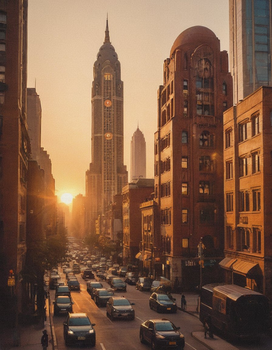 cinematic photography: A city's pulse beats in harmony as golden hour casts a warm glow upon towering structures, their Art Deco facades adorned with intricate brick and stone carvings. Tall skyscrapers stretch upwards, their reflective surfaces mirroring the vibrant hues of the setting sun, as pedestrians and vehicles move in tandem, capturing the essence of vertigo-inducing urban grandeur.