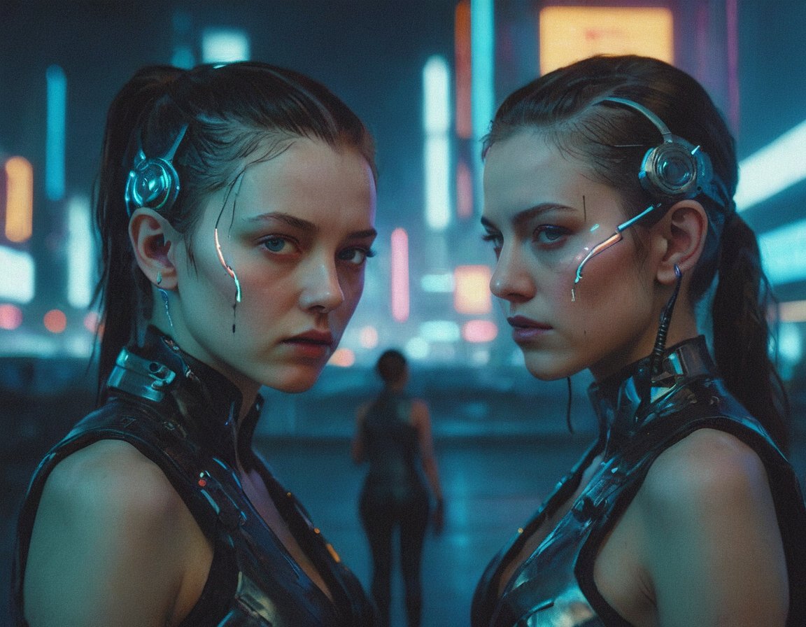 Cinematic still: Two cyberpunk sisters, their faces illuminated by the soft glow of neon city lights, lean in, their eyes locked in a captivating stare. Their features are a fusion of human and machine, with metallic accents and circuitry patterns tracing their skin. The atmosphere is tense, anticipation building as they prepare to interface with futuristic cyberspace terminals that hum and pulse behind them.