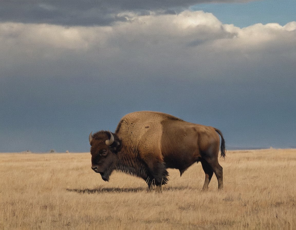 A sweeping landscape shot of the rolling Great Plains stretches out before us, with a majestic herd of American bison grazing effortlessly across the vast expanse. The blue-gray sky above is dotted with only a few wispy clouds, allowing the warm sunlight to cast a gentle glow on the grasslands. A lone bison cow stands at the forefront, her shaggy coat and curved horns a testament to her strength and resilience. In the distance, more bison roam freely, their shadows stretching out like dark ribbons across the sun-kissed terrain.