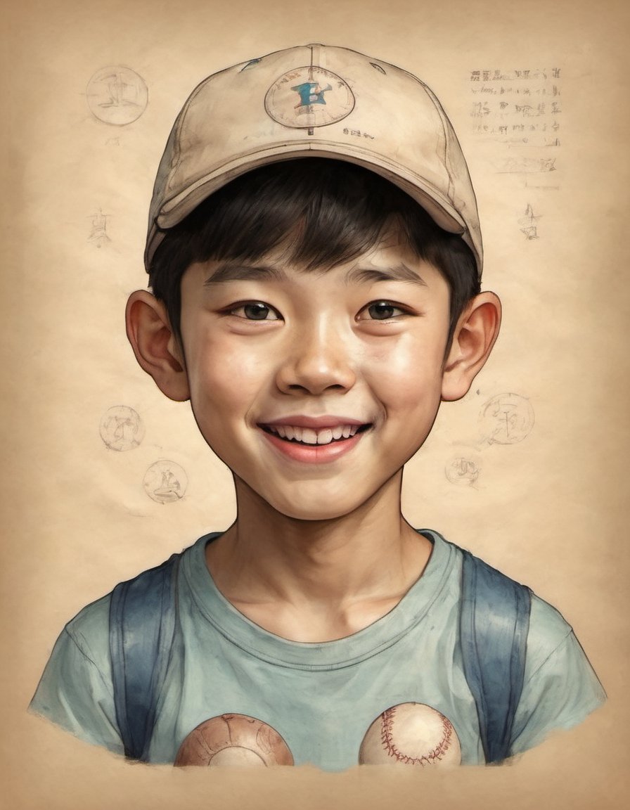 portrait on parchment of a cheerful Korean boy wearing a baseball cap and bright shirt printed with cartoon characters with stark rim light and eyes catch lights beautiful ethereal and light