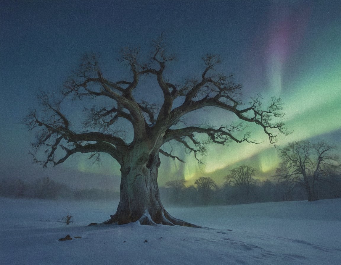 A majestic ancient oak tree stands tall amidst a serene winter landscape, its gnarled trunk bearing the visage of an enigmatic figure. The tree's limbs are laden with a thick blanket of snow, as if the very heavens have bestowed upon it a silent blessing. In the background, the ethereal curtains of the Northern Lights dance across the darkening sky, casting an otherworldly glow on the scene. Framed by the wispy tendrils of fog drifting from the tree's roots, this mystical tableau is bathed in a soft, moonlit radiance.