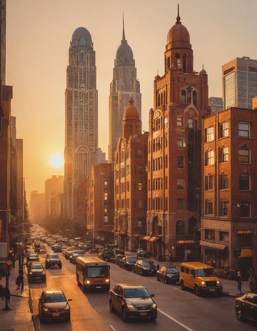 cinematic photography: A city's pulse beats in harmony as golden hour casts a warm glow upon towering structures, their Art Deco facades adorned with intricate brick and stone carvings. Tall skyscrapers stretch upwards, their reflective surfaces mirroring the vibrant hues of the setting sun, as pedestrians and vehicles move in tandem, capturing the essence of vertigo-inducing urban grandeur.