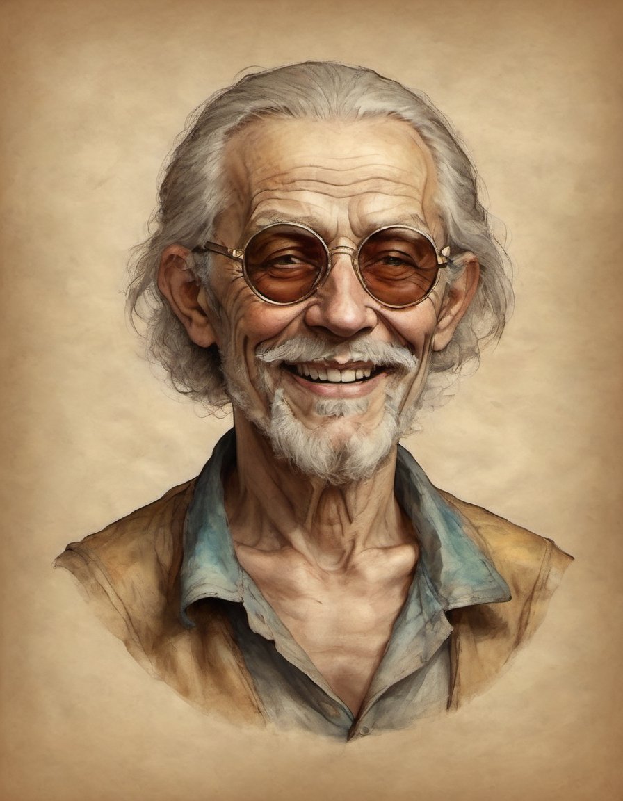 portrait on parchment of a bohemian old man with goatee and multicolored sunglasses and a wry grin raised eyebrow