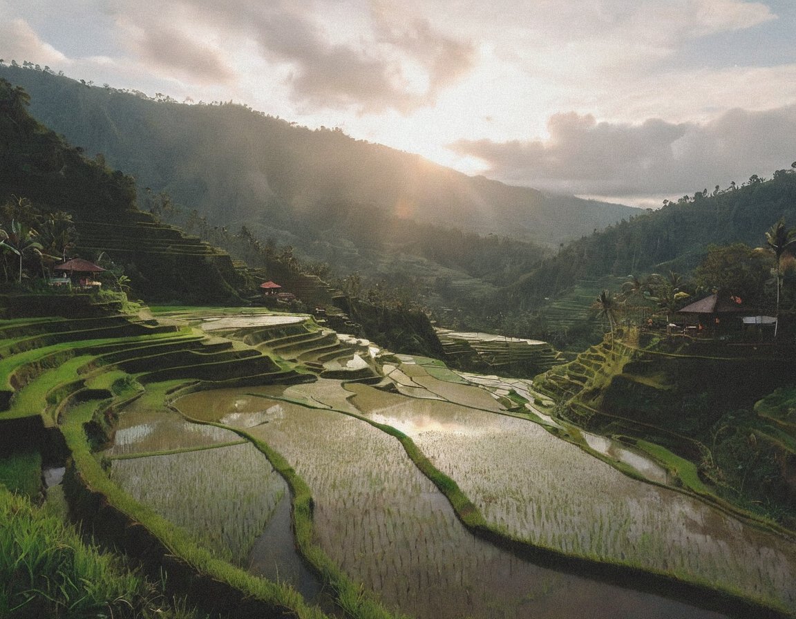 The rice terraces of Bali after a rain, with the terraces shimmering like mirrors in the soft light