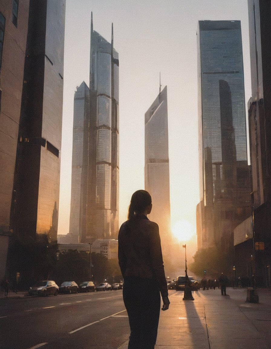 cinematic photography: A person looking upwards in awe at the sleek, modern skyscrapers piercing the semi-futuristic city's dawn-lit sky. The tall structures' reflective surfaces glimmer like shards of glass, casting an otherworldly sheen on the scene. The city's bustling streets are still quiet, bathed in a warm, golden light as the sun rises over the towering metropolis.