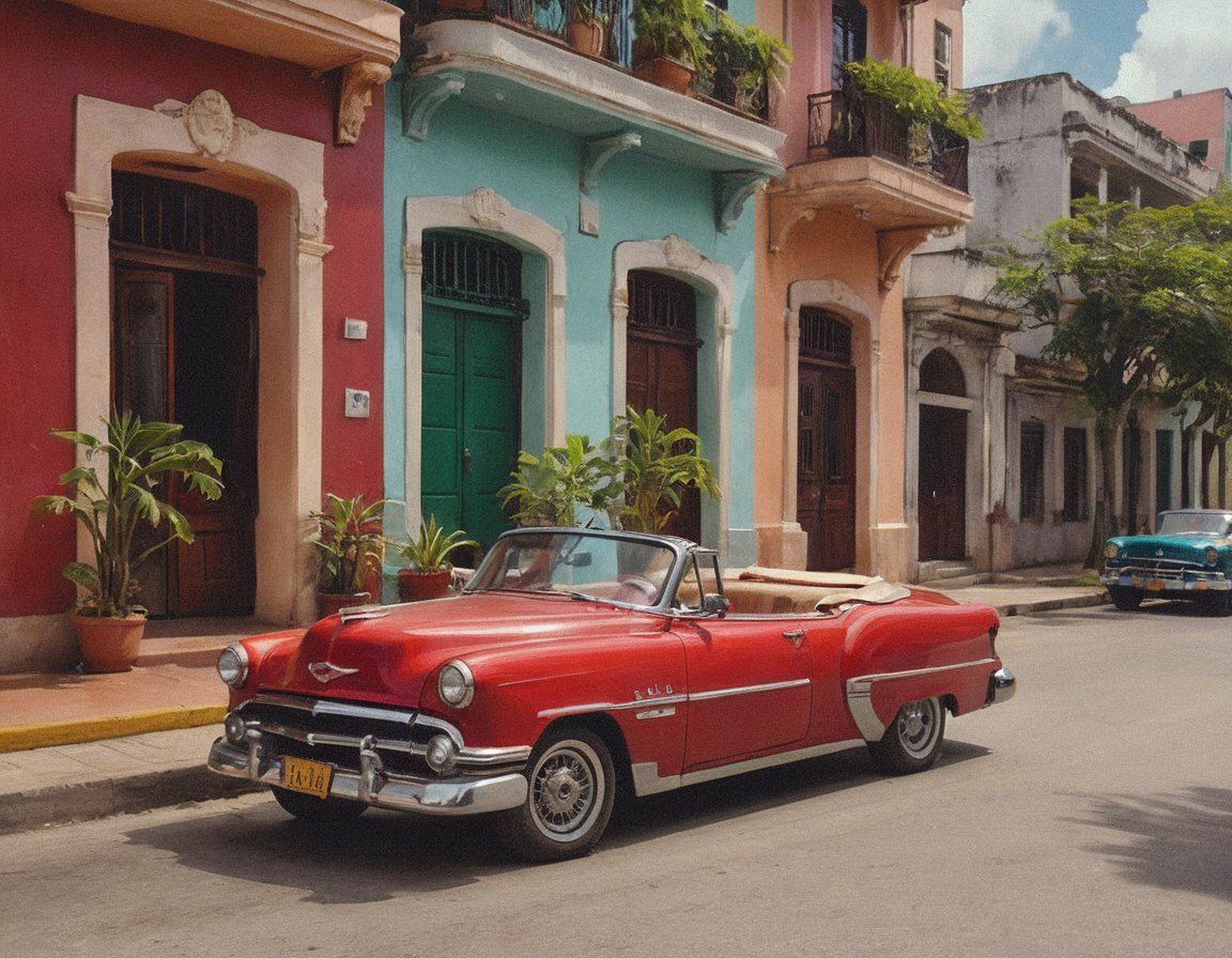 Vintage American convertible, gleaming chrome and rich red paint job, parked amidst vibrant Cuban architecture. Brightly colored buildings, ornate balconies, and lush greenery frame the scene. The air is alive with the rhythmic sounds of salsa music and the sweet scent of cigar smoke wafts through the atmosphere.