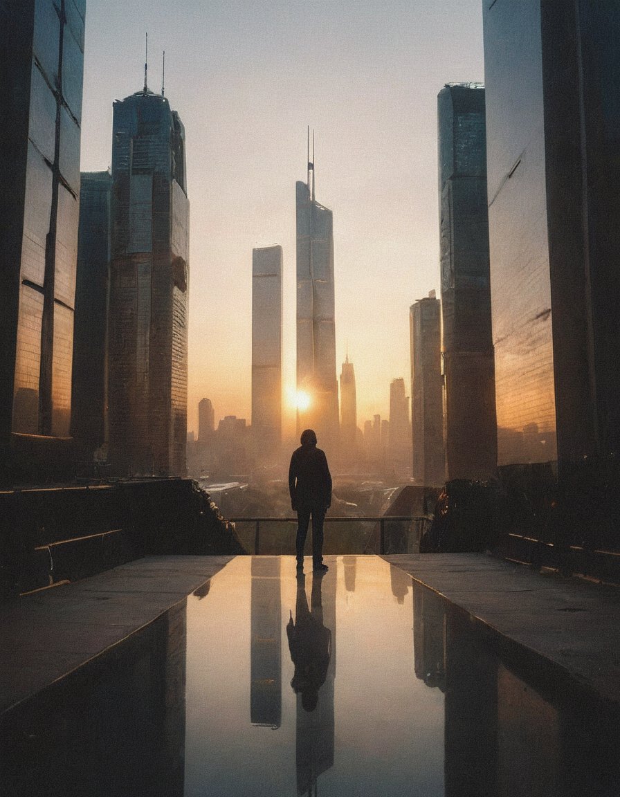 cinematic photography: A person looking upwards in awe at the sleek, modern skyscrapers piercing the semi-futuristic city's dawn-lit sky. The tall structures' reflective surfaces glimmer like shards of glass, casting an otherworldly sheen on the scene. The city's bustling streets are still quiet, bathed in a warm, golden light as the sun rises over the towering metropolis.