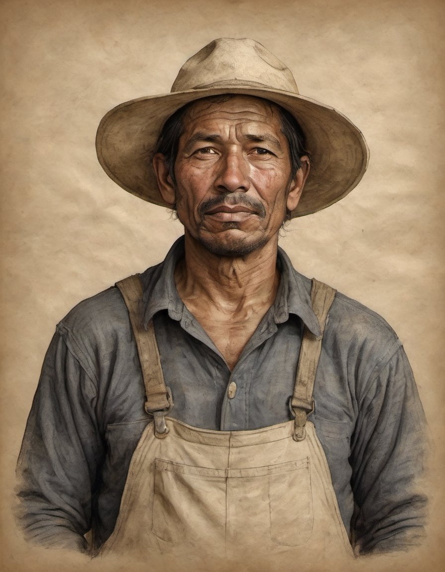 portrait on parchment of a tired farmworker from New Mexico after a long day's work sweat and dirt, this man needs a beer