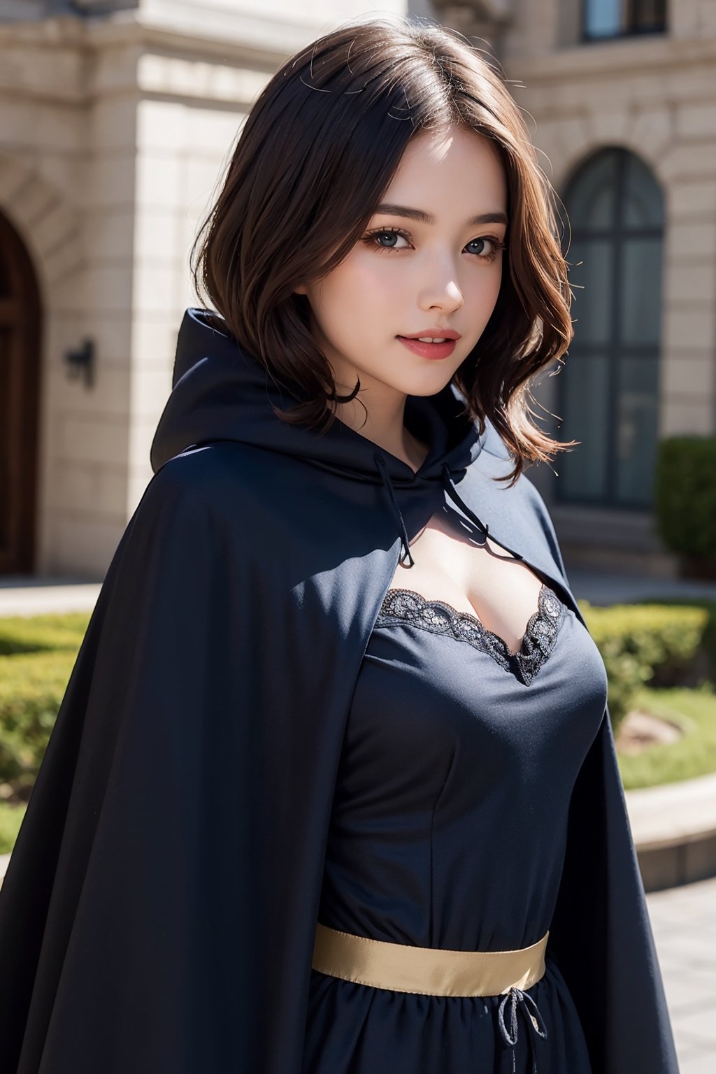 (1girl),  aqua eyes,  light smile, medium shot,  front view,  castle background,  cloudy day,  [sexy],  [[[cleavage]]],  standing pose,  (intricate dress,  elegant black dress, dark blue hoodie cape, golden waist ribbon:1.2), wooden wand, medium hair,  hair ornament, brown hair,  solo,  very detailed,  (masterpiece,  top quality,  best quality,  photorealistic,  high resolution),  precise depiction