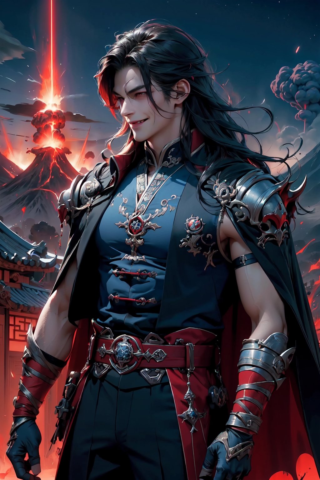 (1boy), red eyes, (black eye liner), (evil smile, sinister:1.2), medium shot, official art, (traditional Chinese building background, distant volcano background, night), (volcanic eruption:1.2), standing pose, (Chinese clothes, elegant clothes, sleeveless, gauntlet), (dark blue clothes, cape, red edges:1.2), (energy aura:1.4), (long hair, straight hair:1.2), black hair, solo, very detailed, (masterpiece, top quality, best quality, photorealistic, high resolution, ultra high quality), volumetric lighting, precise depiction, wrenchftmfshn,demonictech,wrenchftmfshn