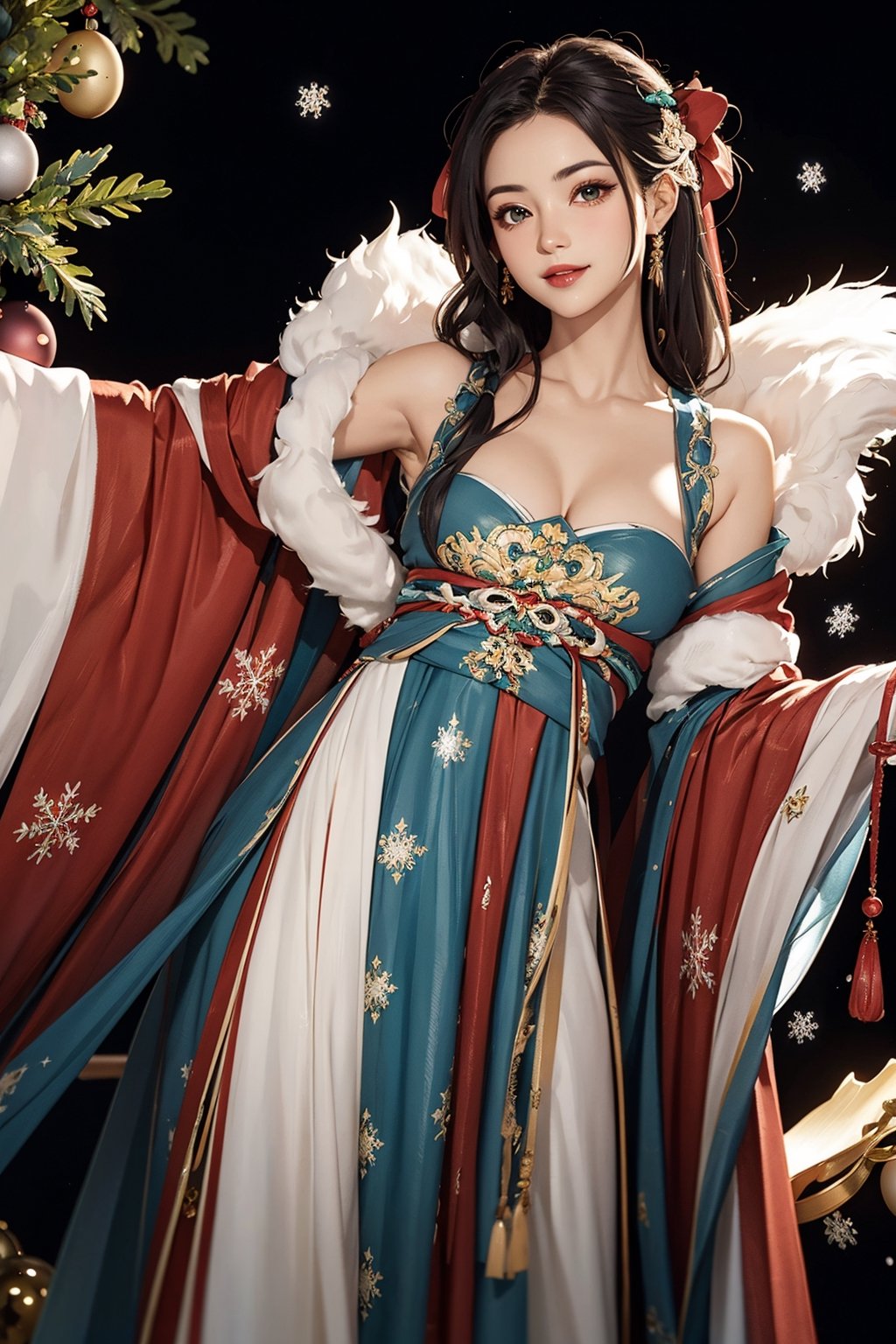 (1girl), aqua eyes, light smile, (portrait:1.2), official art, (big wave background), [sexy], [[cleavage]], small breast, (seductive:1.2), standing pose, (intricate hanfu, elegant hanfu, fur shawl), (christmas theme, beautiful and aesthetic:1.2), long hair, long hair ribbons, black hair, solo, very detailed, (masterpiece, top quality, best quality, photorealistic, high resolution, ultra high quality), volumetric lighting, precise depiction