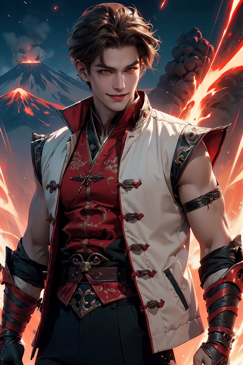(1boy), red eyes, (black eye liner), (evil smile, sinister:1.2), medium shot, official art, (traditional Chinese building background, distant volcano background, night), (volcanic eruption:1.2), standing pose, (Chinese clothes, elegant clothes, sleeveless, gauntlet), (light brown clothes, white jacket, red edges:1.2), (energy aura:1.4), short hair, brown hair, pigtail, solo, very detailed, (masterpiece, top quality, best quality, photorealistic, high resolution, ultra high quality), volumetric lighting, precise depiction, wrenchftmfshn,demonictech