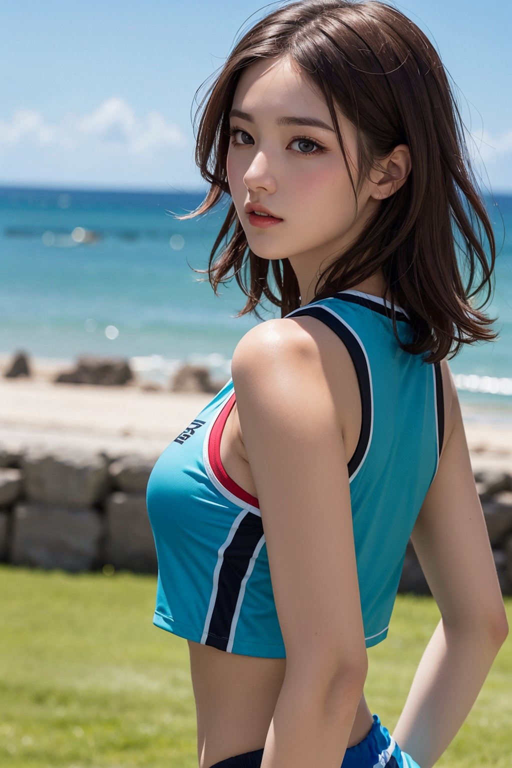 (1girl), aqua eyes, medium shot, side view, closed mouth, resort background, [sexy], [[[cleavage]]], shorts, sports vest, (seductive:1.2), medium hair, brown hair, solo, very detailed, (masterpiece, top quality, best quality, photorealistic, high resolution), precise depiction