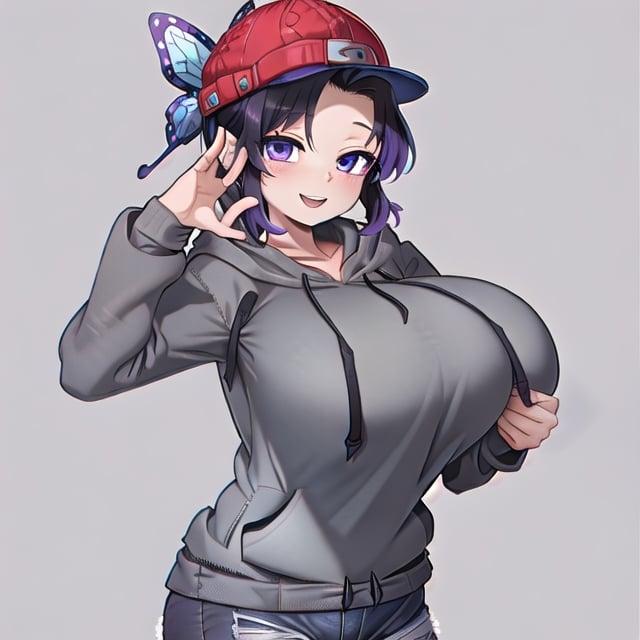 only one girl, masterpiece, 20 years old, (((huge breasts))), large breasts, better breasts, large thighs, better legs, huge hips, ((better hands)), better eyes, ((purpure eyes)), better hair, purple hair tips, ((short hair)), black hair, better nose, ((((grey hoodie)))), better hoodie, (((black jeans))), better jeans, (((red cap))), better cap,  kochou shinobu, ((((blue room background)))), detailed background, (((posing))), dynamic pose, detailed posture, detailed face, detailed face, (((happy)))