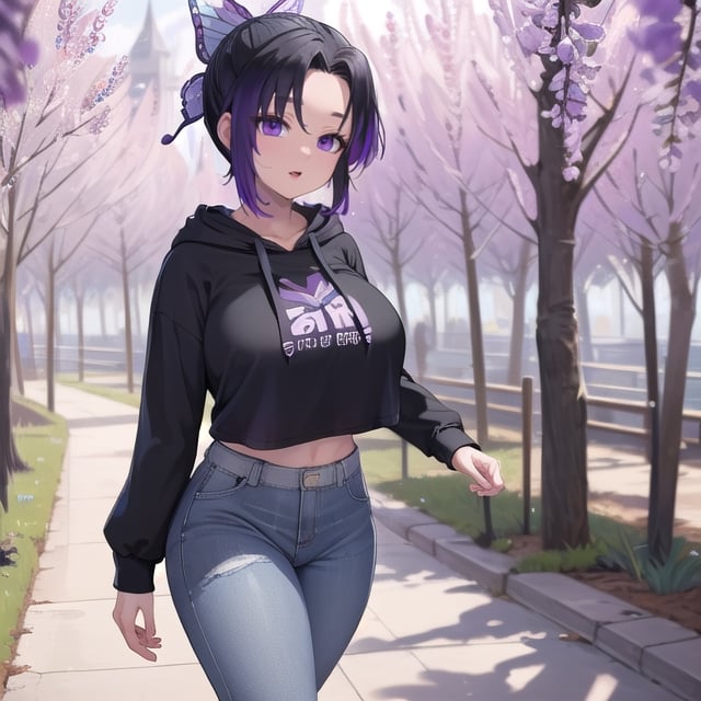 only one girl, masterpiece, sexy, 20 years old, (((huge breasts))), large breasts, better breasts, large thighs, better legs, huge hips, ((better hands)), better eyes, purpure eyes, better hair, purple hair tips, ((short hair)), black hair, better nose, (((black hoodie))), better hoodie, (((light blue jeans))), better jeans, kochou shinobu, ((((park background)))), detailed background, (((walking))), dynamic pose, detailed posture, detailed face, ((happy)), detailed face