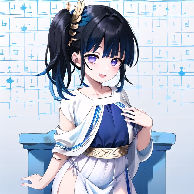 only one girl, masterpiece, aakanao, 16 years old, ((((big chest)))), large chest, better chest, better legs, ((better hands)), better eyes, ((purpure eyes)), better hair, ponytail, ((black hair)), (((white ancient greek dress))), better ancient greek dress, ((((blue room background)))), detailed background, (((posing))), dynamic pose, detailed posture, detailed face, detailed face, (((happy)))