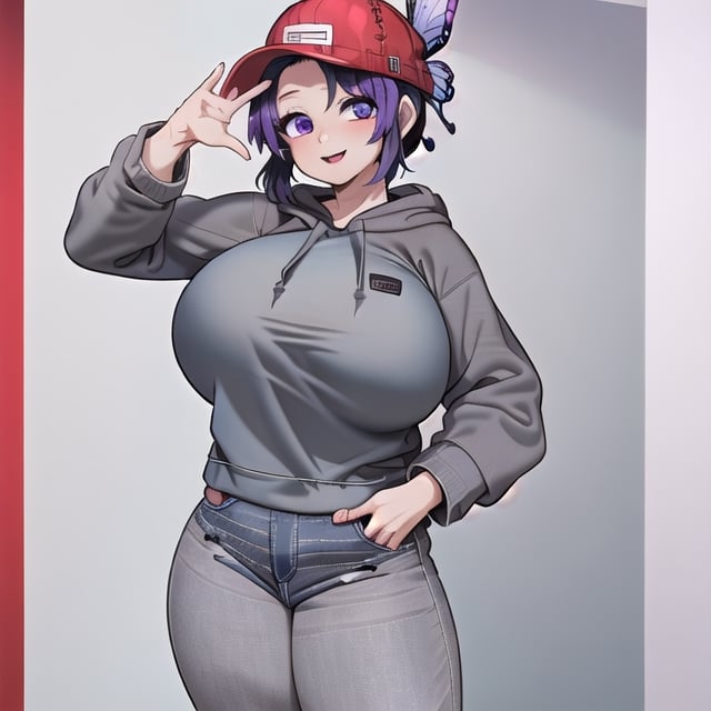 only one girl, masterpiece, 20 years old, (((huge breasts))), large breasts, better breasts, large thighs, better legs, huge hips, ((better hands)), better eyes, ((purpure eyes)), better hair, purple hair tips, ((short hair)), black hair, better nose, ((((grey hoodie)))), better hoodie, (((black jeans))), better jeans, (((red cap))), better cap,  kochou shinobu, ((((blue room background)))), detailed background, (((posing))), dynamic pose, detailed posture, detailed face, detailed face, (((happy)))