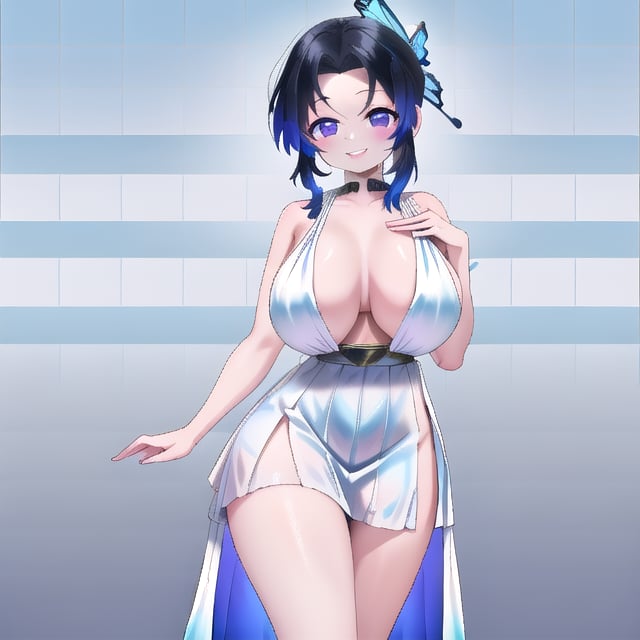 only one girl, masterpiece, 20 years old, (((huge chest))), large chest, better chest, better legs, ((better hands)), better eyes, ((purpure eyes)), better hair, purple hair tips, ((short hair)), black hair, (((white ancient greek dress))), better ancient greek dress,  kochou shinobu, ((((blue room background)))), detailed background, (((posing))), dynamic pose, detailed posture, detailed face, detailed face, (((happy)))