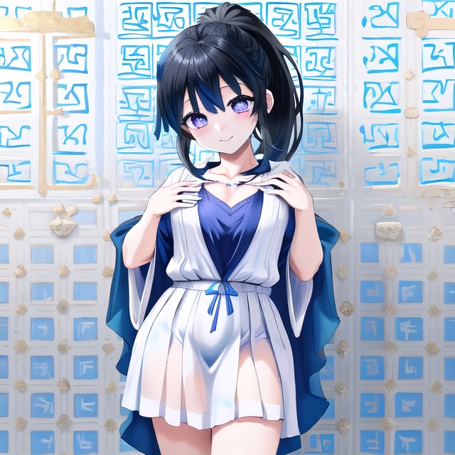 only one girl, masterpiece, aakanao, 16 years old, ((((big chest)))), large chest, better chest, better legs, ((better hands)), better eyes, ((purpure eyes)), better hair, ponytail, ((black hair)), (((white ancient greek dress))), better ancient greek dress, ((((blue room background)))), detailed background, (((posing))), dynamic pose, detailed posture, detailed face, detailed face, (((happy)))