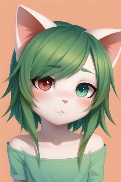 small cute green cat girl, perfect face perfect eyes, red heterochromia, green medium hair, blushing, 