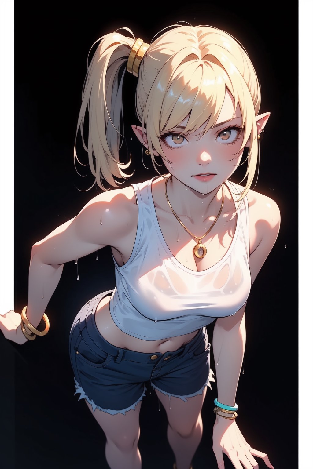 (masterpiece, best quality, highres, photorealistic:1.2), (realistic, realistic skin texture:1.2), (natural skin texture, hyperrealism, soft light, sharp), ccshinobu, aged up, glowing eyes, side ponytail, blonde hair, pointy ears, saggy breast, deep neckline, (white t-shirt, tight jean shorts, wet clothes), piercing earrings, obsidian necklace, fine gold/silver bracelet, fine gold/silver anklet, bare shoulders, bare belly, bare legs, bare feet, ((black background, emerges from the darkness, face and body partially hidden by darkness)), blacklight, Crazy face, she pushes hair behind ear with fingers, hand up in the hair, standing, from the top, dynamic angle, camera distorsion