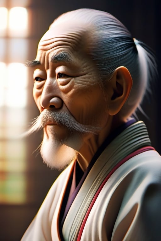 realistic, rule of thirds, masterpiece, best quality, photograph, old Japanese man, detailed face, (colorful), wrinkles, white long goatee detailed face), cinematic lighting, bust shot, extremely detailed CG unity 8k wallpaper, wearing a white gi with a black belt sitting on a thrown