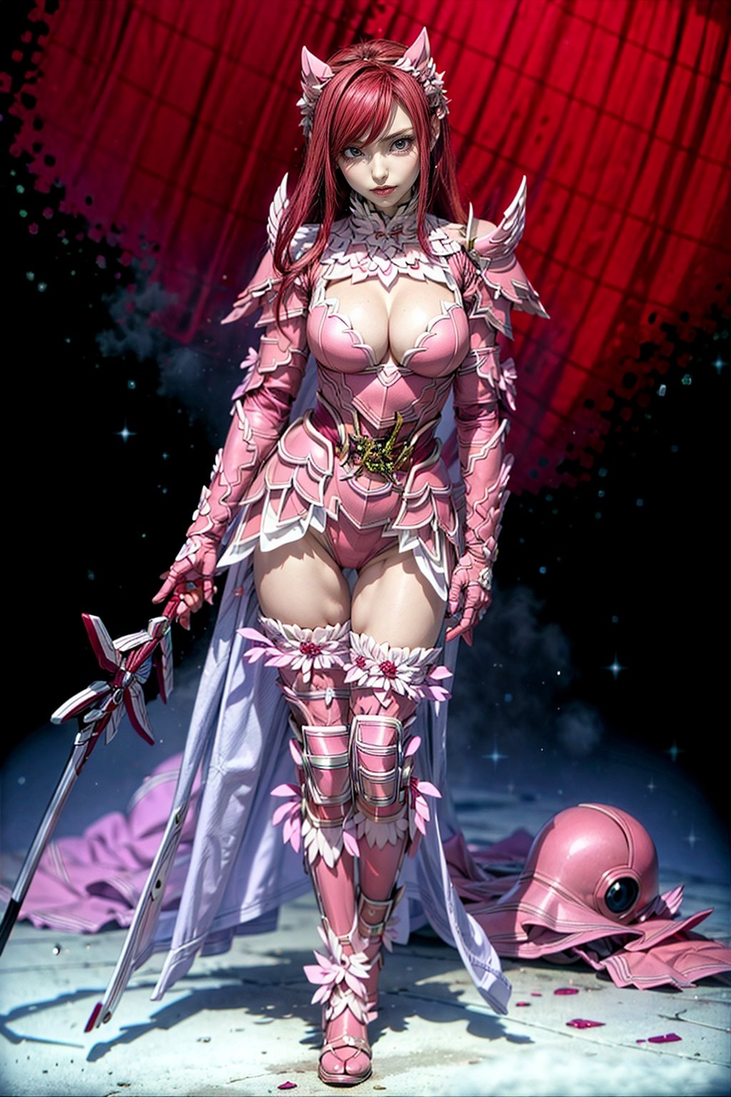 Masterpiece, Best quality, High resolutions, girl, long scarlet red hair, curved body, (big chest) chest 88 cm, waist 59 cm, hip 88 cm, beautiful female model body, white skin, very sexy, female pink armor , black space background, erza scarlet, scarlet red hair, erza scarlet, realistic, beautiful face, erza scarlet, brown eyes, erzascarlet,,erza scarlet fairytail