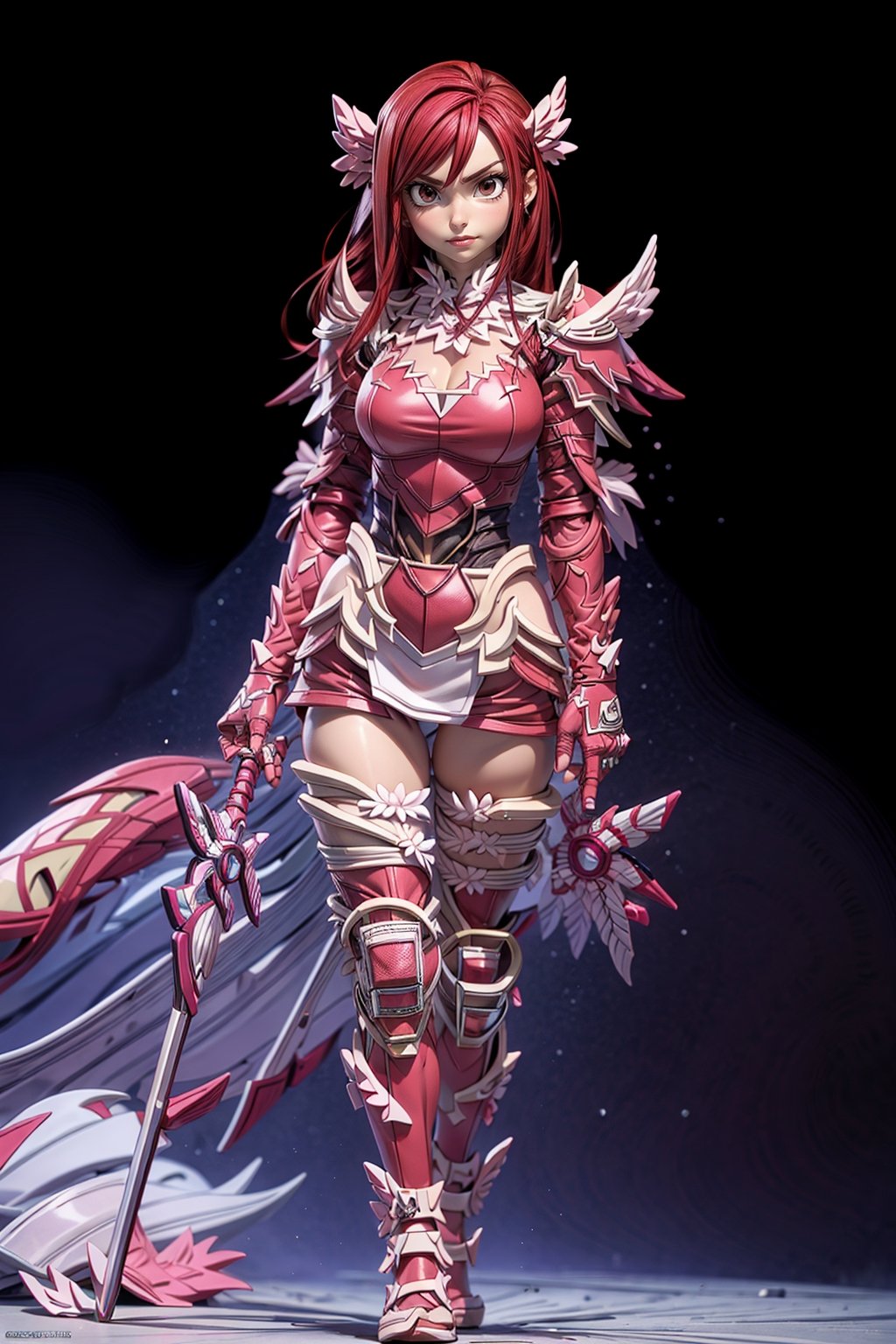 Masterpiece, Best quality, High resolutions, girl, long scarlet red hair, curved body, (big chest) chest 88 cm, waist 59 cm, hip 88 cm, beautiful female model body, white skin, very sexy, female pink armor , black space background, erza scarlet, scarlet red hair, erza scarlet, realistic, beautiful face, erza scarlet, brown eyes, erzascarlet,,erza scarlet fairytail