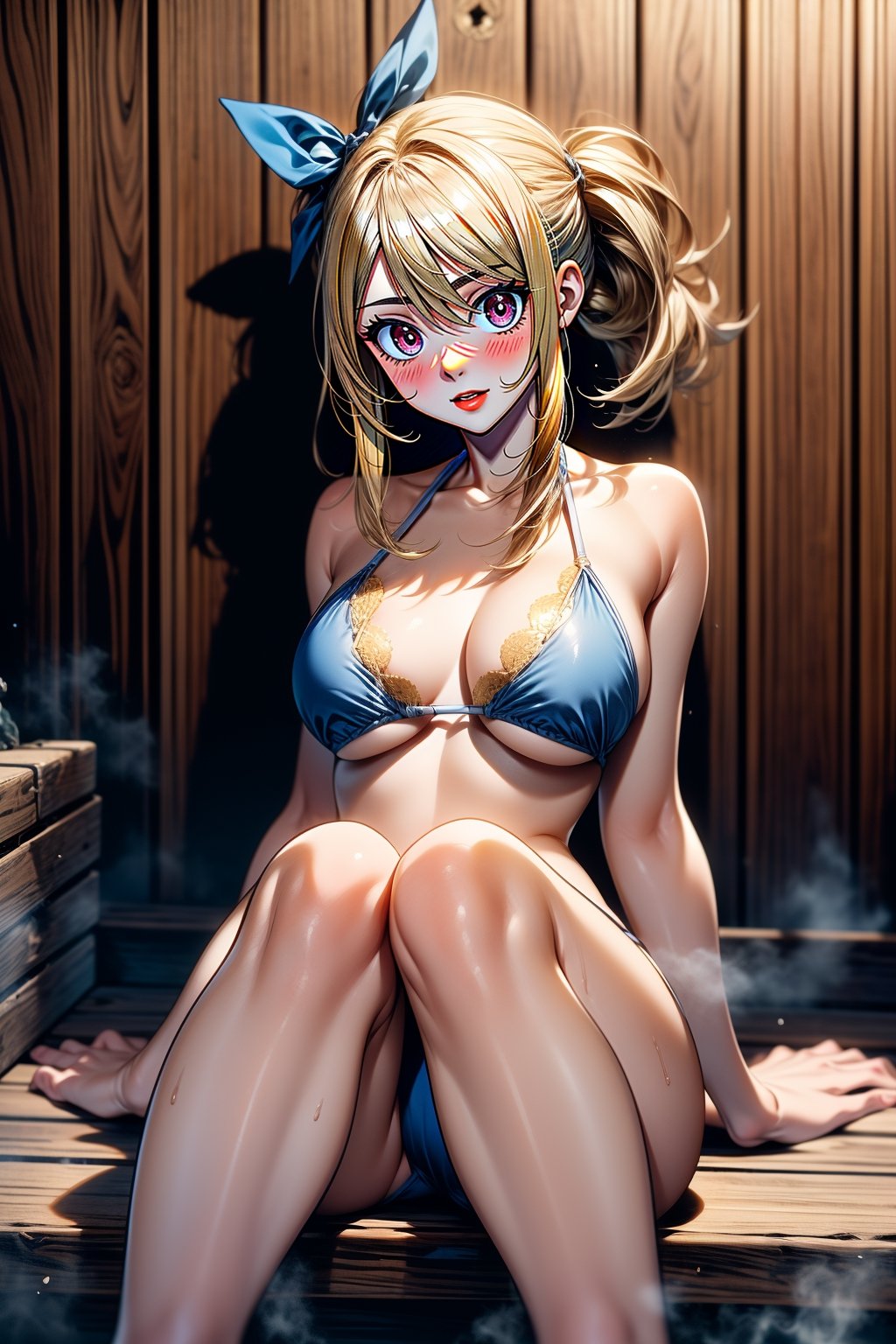 Masterpiece, Best quality, High resolutions, high quality anime version,
Lucy Heartfilia, with golden blonde hair that falls in soft waves around her face and shoulders. Her eyes are large and a warm brown, shining with determination and sweetness.

As for her hands and feet, they are delicate and elegant, showing the grace of a young woman. Her skin is soft and healthy in tone, giving her a radiant and youthful aura.

sexy swimsuit, a two-piece bikini in soft tones like light blue pink, adorned with delicate details such as lace or bows. Her swimsuit would highlight her natural curves and slender figure.

She is in a sauna, with a flirtatious gaze directed towards the viewer and a playful smile on her lips. Her long legs show a relaxed but elegant posture, while one of her hands covers her large chest, adding a touch of sensuality to the scene., Portrait, Lucy Heartfilia,Lucy heartfilia,lucy heartfilia