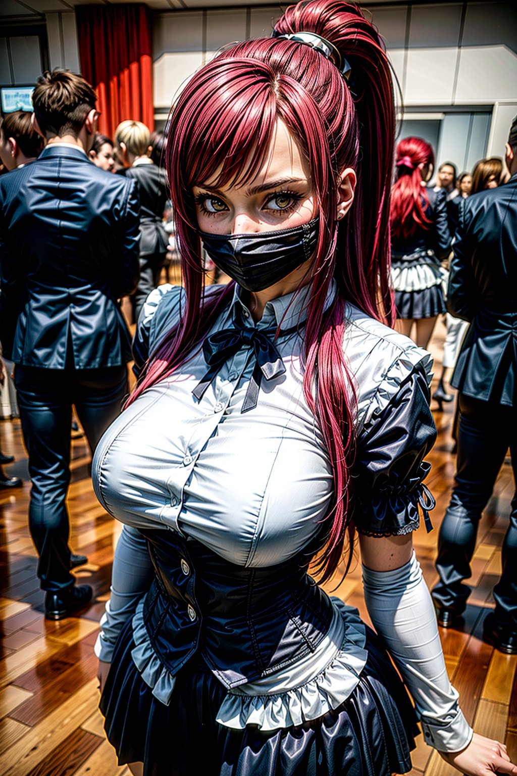 High resolution scene, detailed to the maximum.
Character: Erza Scarlet, a girl with long scarlet red hair tied in a ponytail.
Physical features: curvy body with female model measurements: chest 88 cm, waist 59 cm, hip 88 cm. White skin, with a very attractive and sensual presence.
Attire: Gothic Lolita style, in contrasting black and white colors. She wears a short pleated skirt and a tight-fitting blouse with elaborate details, such as bows, ruffles and lace. Striped stockings complement her outfit.
Youthful and feminine expression, with a realistic and pretty face, and brown eyes full of character.
Background: dark, to highlight her outfit and the intensity of her scarlet red hair.

Translated with DeepL.com (free version)