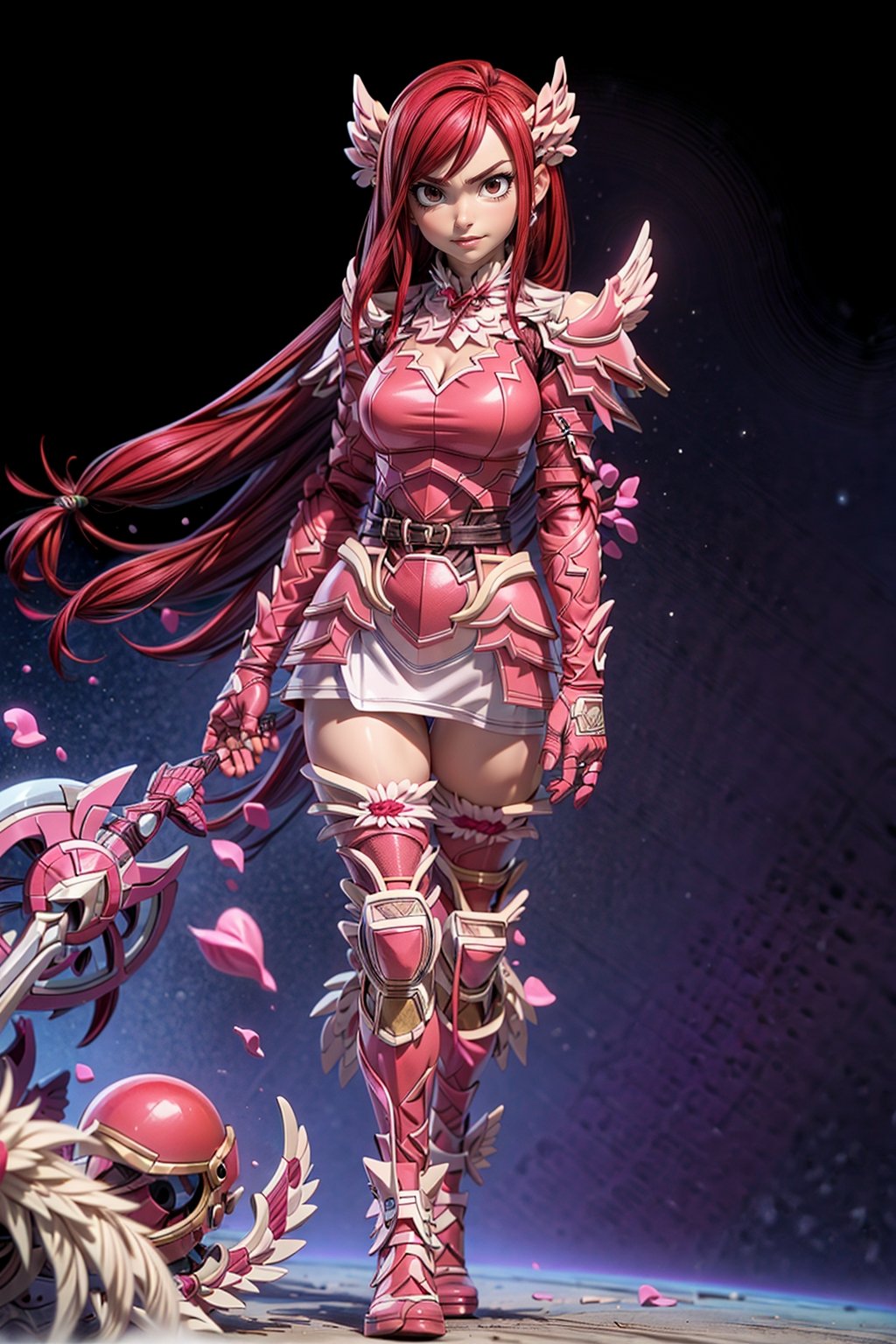 Masterpiece, Best quality, High resolutions, girl, long scarlet red hair, curved body, (big chest) chest 88 cm, waist 59 cm, hip 88 cm, beautiful female model body, white skin, very sexy, female pink armor , black space background, erza scarlet, scarlet red hair, erza scarlet, realistic, beautiful face, erza scarlet, brown eyes, erzascarlet,,erza scarlet fairytail