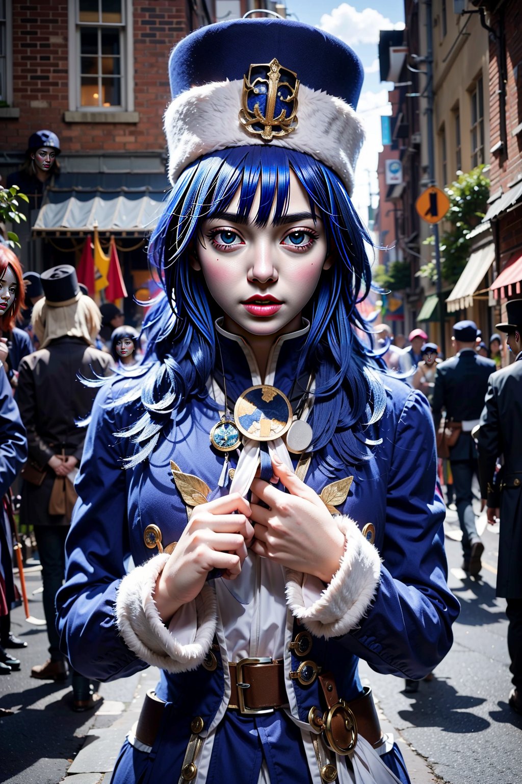 Masterpiece, Best quality, High resolutions, Masterpiece, Best quality, High resolutions, realistic version, young girl's face, beautiful
short blue hair with straight bangs and a colorful headband. Her eyes are also blue. The guild mark is on her left leg and is blue. She wears a navy blue coat, a shoulder-length shawl that she tied to the Teru Teru Bozu. plus a Russian Cossack hat, aajuvia, long hair, blue headdress,
,aajuvia,pale white,EpicMakeup,portrait,illustration,fcloseup,rgbcolor,JuviaLockserrealista,JuviaLockserreal