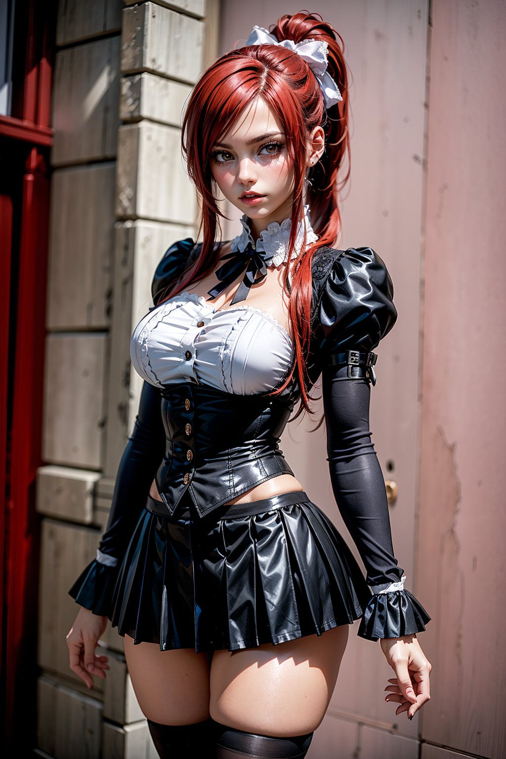 High resolution scene, detailed to the maximum.
Character: Erza Scarlet, a girl with long scarlet red hair tied in a ponytail.
Physical features: curvy body with female model measurements: chest 88 cm, waist 59 cm, hip 88 cm. White skin, with a very attractive and sensual presence.
Attire: Gothic Lolita style, in contrasting black and white colors. She wears a short pleated skirt and a tight-fitting blouse with elaborate details, such as bows, ruffles and lace. Striped stockings complement her outfit.
Youthful and feminine expression, with a realistic and pretty face, and brown eyes full of character.
Background: dark, to highlight her outfit and the intensity of her scarlet red hair.

Translated with DeepL.com (free version)