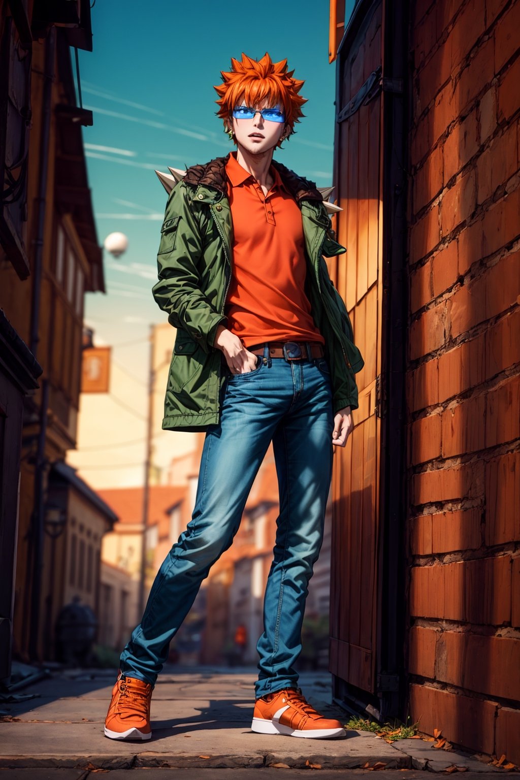 masterpiece, best quality, man, tall spiky orange hair, blue lenses, brown eyes, orange polo shirt, green jacket, jeans pants,