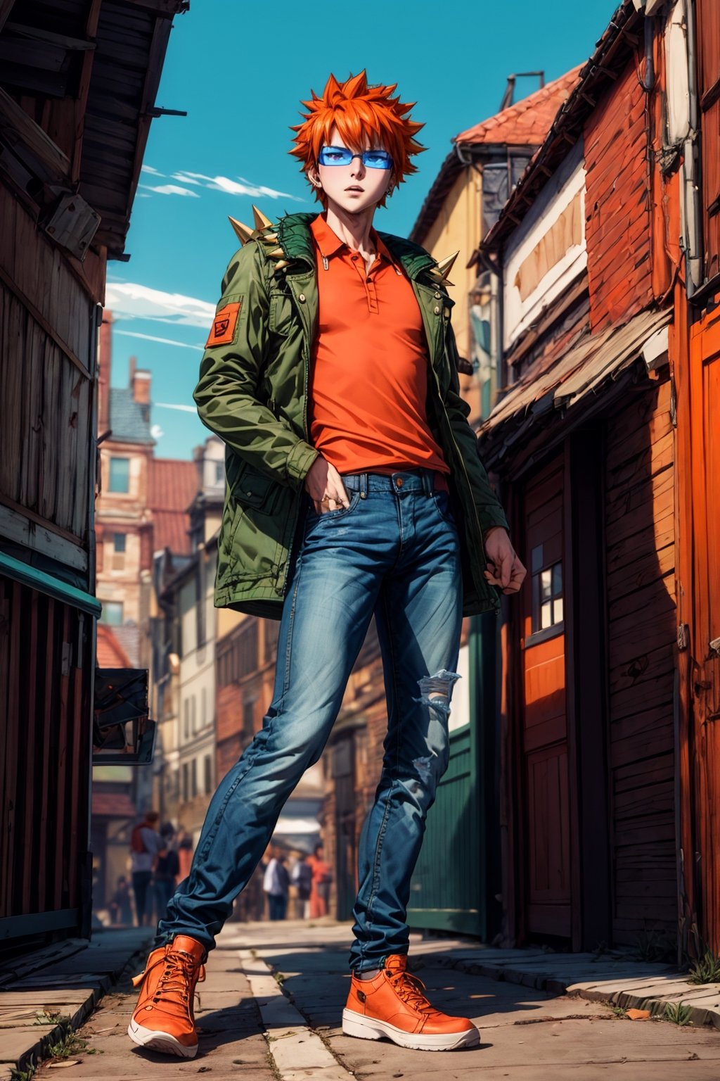 masterpiece, best quality, man, tall spiky orange hair, blue lenses, brown eyes, orange polo shirt, green jacket, jeans pants,