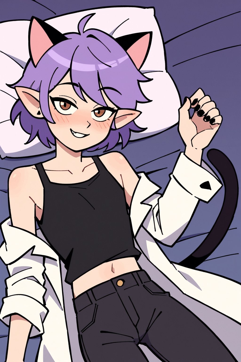 score_9, score_8_up, score_7_up, 1 teen femboy, boy focus, Amity Blight, short purple hair, messy hair, white oversided open trenchcoat, black shirt, darkgrey ripped pants, cat ears, brown eyes, pointy ears, cat tail, collarbone, bare shoulders, looking at viewer, drunk, laying down on bed, cartoon