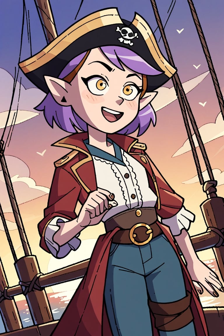 score_9, score_8_up, score_7_up, 1 teen girl, Amity Blight, short purple hair, pointy ears, small breast, yellow eyes, pirate outfit, pirate ship, motion lines, cartoon,