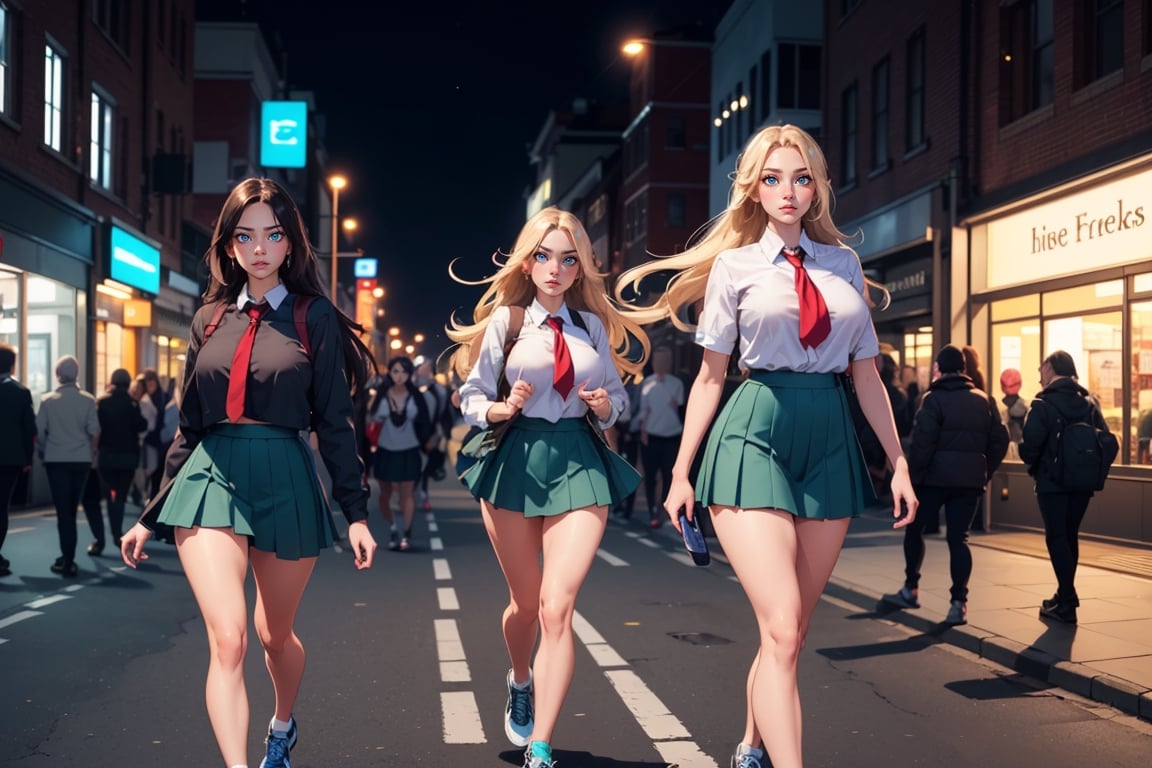 ultra-detailed 8k resolution , (((nighttime))), ((2 young gorgeous girls long hair)), (BLonde and brunette), (((blue eyes))), ((green school uniform)), (((long length skirt))), (((large round breasts))), (((noticeable areolas through clothes))), (((walking on a busy highstreet at night))), (((thick toned legs))), (((slim slender figures))), (wary expression), ((arms crossed)), ((oversized white running shoes)), (busy street: 1.3), (((slender anatomy))), vibrant lights, live colours, blurry_background, red backpack,