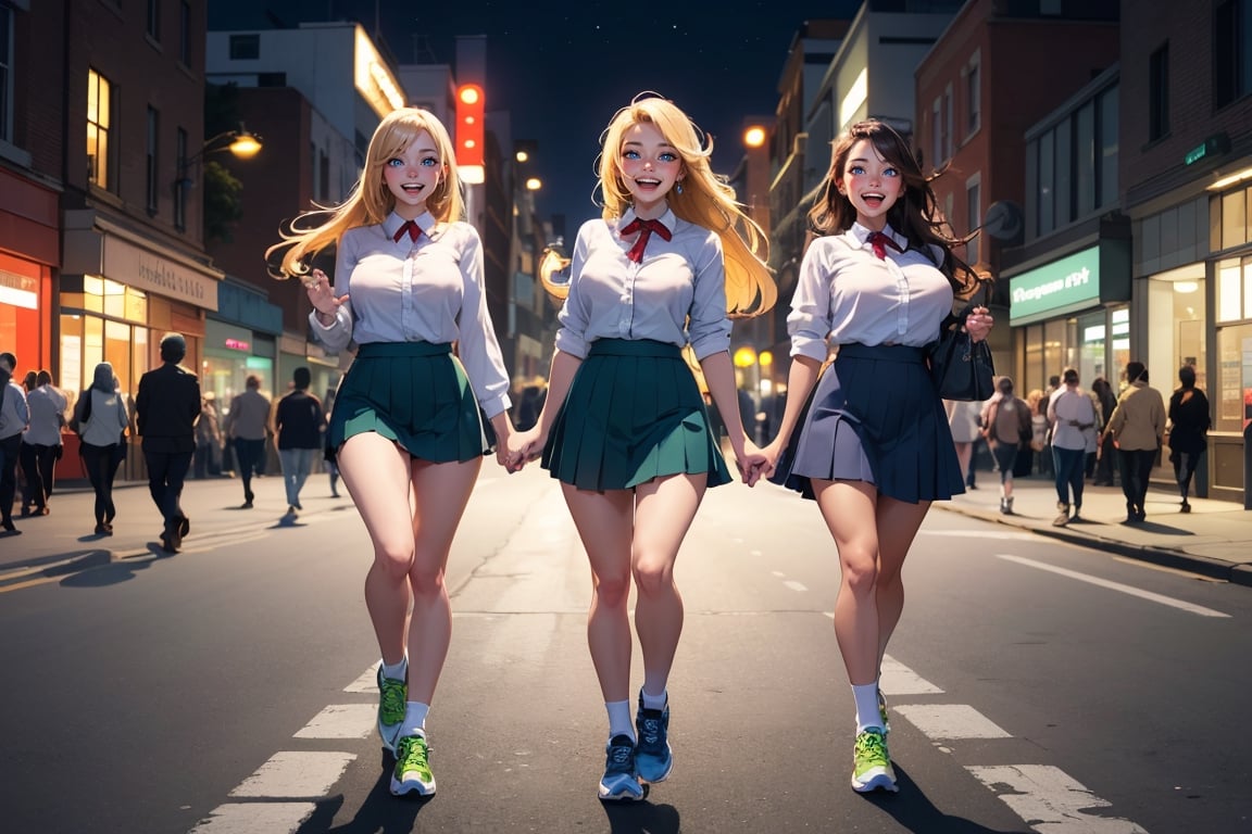 ultra-detailed 8k resolution , (((nighttime))), ((2 young gorgeous girls long hair)), (BLonde and brunette), (((blue eyes))), ((green school uniform)), (((long length skirt))), (((large round breasts))), (((noticeable areolas through clothes))), (((walking on a busy highstreet at night))), (((thick toned legs))), (((slim slender figures))), (happy and laughing expression), ((oversized white running shoes)), (busy street: 1.3), (((slender anatomy))), vibrant lights, live colours, blurry_background,